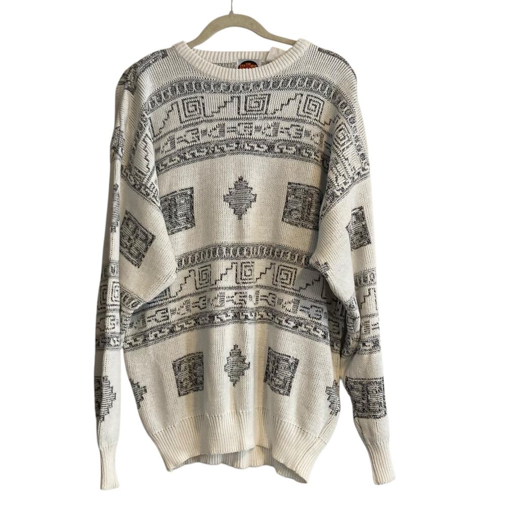 Vintage 80s White Gray Aztec Geometric Knit Pullover Sweater Professor Core M